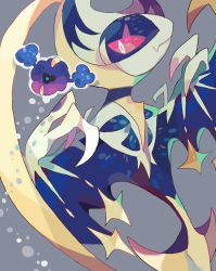 Rule 34 | akadako, animal focus, closed mouth, colored sclera, cosmog, creatures (company), fang, floating, from behind, full body, game freak, gen 7 pokemon, grey background, highres, legendary pokemon, looking at another, lunala, nintendo, no humans, one-hour drawing challenge, outline, pokemon, pokemon (creature), red sclera, simple background, size difference, skin fang, white eyes, white outline