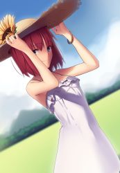 Rule 34 | 1girl, absurdres, blue eyes, boa (brianoa), bracelet, commentary, cowboy shot, dress, dutch angle, flower, frilled dress, frills, hands up, hat, highres, hisui (tsukihime), jewelry, landscape, looking at viewer, melty blood, red hair, short hair, smile, solo, sun hat, sunflower, tsukihime, type-moon, white dress