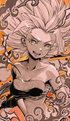 Rule 34 | 1girl, :d, bandeau, bare shoulders, breasts, caulifla, cleavage, collarbone, dragon ball, dragon ball super, highres, kanchiyo, limited palette, long hair, looking at viewer, medium breasts, midriff, navel, no pupils, open mouth, smile, solo, spiked hair, stomach, strapless, super saiyan, upper body
