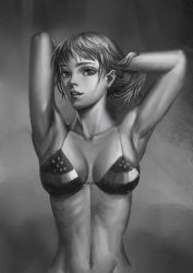 Rule 34 | absurdres, adjusting hair, armpits, arms up, bikini, collarbone, destiny yama, greyscale, highres, lips, long hair, monochrome, nami (one piece), navel, one piece, parted lips, realistic, solo, swimsuit