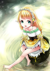 Rule 34 | 1girl, aqua eyes, bare legs, bare shoulders, barefoot, blonde hair, clothes lift, corset, dress, dress lift, elf, hairband, heart, heart-shaped pupils, highres, kurona, long hair, looking at viewer, open mouth, original, partially submerged, pointy ears, sitting, smile, solo, symbol-shaped pupils