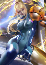 Rule 34 | 1girl, blonde hair, blue eyes, bodysuit, breasts, covered navel, electricity, gun, handgun, holding, holding weapon, looking at viewer, metroid, nintendo, ponytail, samus aran, serious, solo, toned, transforming clothes, varia suit, weapon, wristband, zero suit, zumi (zumidraws)