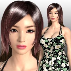 Rule 34 | 1girl, 3d, bare shoulders, breasts, brown eyes, brown hair, dress, flower, heart, large breasts, lips, lipstick, long hair, makeup, osano mari, sister&#039;s sexual circumstances, solo, thick eyebrows, umemaro, upper body