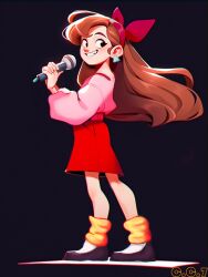 Rule 34 | 1girl, bare shoulders, black eyes, black footwear, bow, braces, brown hair, charliecat700, disney, earrings, floating hair, gravity falls, grin, hair bow, hairband, highres, holding, holding microphone, jewelry, long hair, looking at viewer, loose socks, mabel pines, microphone, off-shoulder sweater, off shoulder, pink sweater, red bow, red skirt, shoes, sideways glance, skirt, smile, socks, solo, sweater, triangle earrings, yellow socks