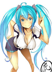 Rule 34 | 1girl, \m/, ahoge, aqua eyes, aqua hair, bad id, bad pixiv id, blush, breasts, cleavage, gengoroh, hand on own hip, hanging breasts, hatsune miku, large breasts, long hair, looking at viewer, shiny skin, shirt, smile, solo, taut clothes, taut shirt, twintails, very long hair, vocaloid, white background