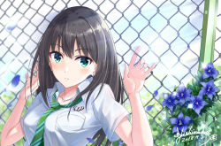 Rule 34 | 1girl, against fence, blue flower, blue sky, blurry, blurry background, blush, breast pocket, breasts, brown hair, bush, chain-link fence, collarbone, collared shirt, commentary request, dated, day, depth of field, earrings, fence, flower, glint, green eyes, green necktie, hair between eyes, hands up, head tilt, idolmaster, idolmaster cinderella girls, jewelry, lily (flower), long hair, looking at viewer, loose necktie, medium breasts, necklace, necktie, outdoors, parted lips, petals, pocket, school uniform, see-through, shibuya rin, shirt, short sleeves, sidelocks, signature, sky, solo, straight hair, striped necktie, striped neckwear, stud earrings, sunlight, tazu, upper body, white shirt