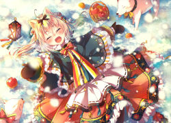 Rule 34 | 1girl, ahoge, animal ears, blonde hair, coat, commentary request, dog ears, closed eyes, fang, fangs, hair ribbon, long hair, nemuri nemu, original, outdoors, ribbon, scarf, snow, snowing, traditional clothes