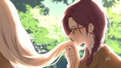 Rule 34 | 2girls, amy bartlett, black-framed eyewear, blurry, blurry background, blush, braid, brown eyes, brown hair, brown jacket, closed mouth, commentary request, depth of field, glasses, gogatsu fukuin, highres, holding, holding hair, jacket, kissing hair, light brown hair, long hair, low twintails, multiple girls, out of frame, profile, shirt, signature, smile, solo focus, twin braids, twintails, upper body, violet evergarden, violet evergarden (series), white shirt, yuri