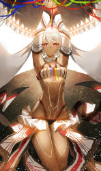 Rule 34 | 1girl, absurdres, altera (fate), armpits, arms up, bare shoulders, breasts, dark-skinned female, dark skin, detached collar, detached sleeves, fate/grand order, fate (series), frills, glowing, groin, headband, highleg, highres, horz, jewelry, light particles, looking at viewer, midriff, multicolored stripes, navel, necklace, own hands together, parted lips, red eyes, ribbon, short hair, small breasts, solo, stomach, striped, tattoo, thigh gap, veil, white hair