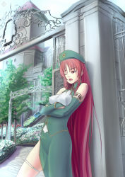 Rule 34 | 1girl, bare shoulders, braid, breasts, china dress, chinese clothes, clock, clock tower, day, dress, female focus, flower, hat, hong meiling, long hair, medium breasts, open mouth, raybar, red eyes, red hair, scarlet devil mansion, sky, solo, star (symbol), embodiment of scarlet devil, thighhighs, touhou, tower, tree, twin braids, very long hair