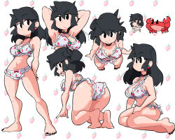 Rule 34 | 1girl, all fours, armpits, arms behind head, ass, barefoot, black choker, black hair, black nails, bow, bow panties, bra, choker, crab, earrings, food-themed earrings, food print, food themed earrings, frilled bra, frilled panties, frills, from above, highres, jewelry, long hair, lucia (scott malin), multiple views, nail polish, navel, original, panties, print bra, print panties, red bow, scott malin, shadow, sitting, standing, strawberry background, strawberry earrings, strawberry print, toenail polish, toenails, underwear, upper body