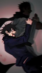 Rule 34 | 2boys, affectbitter, arms up, black hair, black jacket, black pants, bleeding, blood, blood on face, blurry, bruise, crazy, crazy smile, fushiguro megumi, hair between eyes, highres, injury, jacket, japanese clothes, jujutsu kaisen, kimono, long sleeves, looking to the side, male focus, multiple boys, open mouth, own hands together, pants, ryoumen sukuna (jujutsu kaisen), scarf, school uniform, short hair, smile, spiked hair, yaoi