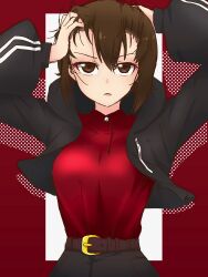 Rule 34 | 1girl, absurdres, arms up, belt, black jacket, black pants, brown belt, brown eyes, brown hair, closed mouth, commentary, dress shirt, frown, girls und panzer, hands in hair, highres, hood, hood down, hooded jacket, jacket, long sleeves, looking at viewer, midori no gomamugi, nishizumi maho, open mouth, pants, red background, red shorts, shirt, short hair, shorts, solo, standing