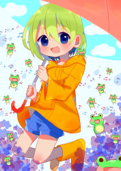 Rule 34 | 1girl, :d, absurdres, beamed eighth notes, blue eyes, blue shorts, blush, boots, day, flower, frog, green hair, highres, hydrangea, jumping, music, musical note, open mouth, original, outdoors, quarter note, raincoat, red umbrella, rubber boots, short hair, shorts, singing, smile, umbrella, wenicon 0410
