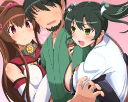 Rule 34 | 10s, 1boy, 2girls, artist self-insert, bad id, bad pixiv id, black hair, breasts, brown hair, detached sleeves, faceless, faceless male, flower, girl sandwich, green eyes, japanese clothes, jealous, kantai collection, large breasts, long hair, multiple girls, ponytail, red eyes, revision, sandwiched, shin&#039;en-san (shin&#039;en), shin&#039;en (gyokuro company), short hair, twintails, yamato (kancolle), zuikaku (kancolle)