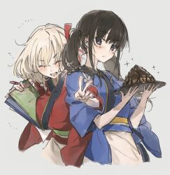 Rule 34 | 2girls, black hair, blonde hair, blue kimono, blush, breasts, closed mouth, commentary, cowboy shot, cropped legs, grey background, hair ribbon, hashtag only commentary, highres, holding, holding plate, inoue takina, japanese clothes, kimono, large breasts, locked arms, lone nape hair, long hair, looking at viewer, lycoris recoil, multiple girls, nishikigi chisato, official alternate costume, one side up, open mouth, plate, poop parfait, purple eyes, red kimono, red ribbon, ribbon, shigure (shigure 43), short hair, short sleeves, sidelocks, simple background, sparkle, tasuki, teeth, twintails, upper teeth only, v