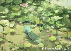 Rule 34 | commentary request, creatures (company), day, flower, from above, game freak, gen 2 pokemon, gen 5 pokemon, grass, highres, kamonabe (kamonabeekon), lily pad, nintendo, no humans, outdoors, painting (medium), pink flower, pokemon, pokemon (creature), quagsire, ripples, snivy, traditional media, water, watercolor (medium)