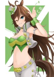 Rule 34 | 1girl, animal ears, arm strap, bare shoulders, blue eyes, breasts, brown hair, character name, choker, commentary request, cowboy shot, crop top, dated, green shirt, grin, hair between eyes, hand up, hat, highres, horse ears, horse tail, large breasts, long hair, looking at viewer, midriff, mini hat, mini top hat, mr. c.b. (umamusume), navel, one eye closed, open clothes, pants, partial commentary, ryuusaki rei, shirt, simple background, smile, solo, standing, stomach, strapless, strapless shirt, tail, top hat, umamusume, very long hair, vest, white background, white hat, white pants, white vest, wrist cuffs