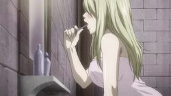 Rule 34 | 1girl, animated, animated gif, blonde hair, blush, brushing teeth, fairy tail, from side, indoors, long hair, lucy heartfilia, naked towel, open mouth, profile, solo, toothbrush, towel
