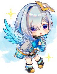 Rule 34 | 1girl, amane kanata, angel wings, black dress, blue bow, blue ribbon, blush, bob cut, bow, chibi, colored inner hair, dress, eyes visible through hair, frilled dress, frills, full body, grey jacket, hair between eyes, hair over one eye, halo, highres, hololive, jacket, looking at viewer, multicolored hair, neck ribbon, open mouth, purple eyes, ribbon, shoes, short dress, short hair, silver hair, simple background, single hair intake, solo, sparkle, star halo, syukonbu, turtleneck, turtleneck dress, virtual youtuber, white background, wide sleeves, wings, yellow footwear