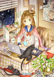 Rule 34 | 10s, 1girl, :o, apple inc., asymmetrical hair, bamboo, blouse, blue sailor collar, book, book stack, bookshelf, bow, bowtie, brown eyes, brown hair, cable, cat, cellphone, chair, character request, computer, cup, dice, drawing (object), drawing tablet, earbuds, earphones, figure, fishbowl, flower, food-themed hair ornament, frog, green tea, hair ornament, hair rings, hairclip, highres, hoshii hisa, hoshizora rin, indoors, kaname madoka, kotatsu, kyubey, laptop, long hair, long sleeves, looking at viewer, love live!, love live! school idol project, mahou shoujo madoka magica, mahou shoujo madoka magica (anime), one side up, original, phone, plaid, poster (object), power strip, sailor collar, saucer, school uniform, serafuku, shirt, side ponytail, sitting, sleeves rolled up, smartphone, snow, snowing, solo, strawberry hair ornament, striped bow, striped bowtie, striped clothes, striped neckwear, stylus, table, tea, white shirt, window, window blinds, winter, yazawa nico