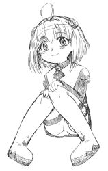 Rule 34 | 1girl, boots, commentary request, dress, graphite (medium), greyscale, hair ornament, looking at viewer, m.o.m.o., monochrome, onnorefo07, panties, short hair, smile, solo, thigh boots, thighhighs, traditional media, underwear, xenosaga