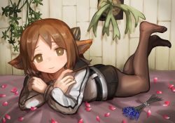 Rule 34 | 1girl, animal ears, arknights, black bow, black pantyhose, black shorts, blue flower, bow, brown eyes, brown hair, buchi0122, commentary, feet up, flower, fox ears, hair bow, hanging plant, highres, jacket, pantyhose under shorts, looking at viewer, lying, no tail, official alternate costume, on bed, on stomach, pantyhose, perfumer (arknights), perfumer (species plantarum) (arknights), petals, short hair, shorts, solo, white jacket