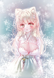 Rule 34 | 1girl, animal ear fluff, animal ears, blush, breasts, brown hair, cleavage, commentary request, dress, green eyes, highres, long hair, long sleeves, looking at viewer, medium breasts, original, parted lips, smile, snowflakes, solo, tandohark, very long hair, white dress