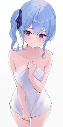 Rule 34 | 1girl, bare shoulders, blue eyes, blue hair, blush, closed mouth, collarbone, commentary, fawny, foreshortening, hair between eyes, highres, hololive, hoshimachi suisei, looking at viewer, naked towel, side ponytail, sidelocks, simple background, solo, towel, virtual youtuber, white background, white towel