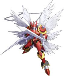 Rule 34 | 1boy, angel wings, armor, cape, digimon, digimon (creature), digimon new century, digital hazard, dukemon, dukemon crimson mode, full armor, highres, holding, holding sword, holding weapon, knight, lance, monster, multiple wings, no humans, official art, pauldrons, polearm, shield, shoulder armor, simple background, solo, sword, weapon, wings, yellow eyes