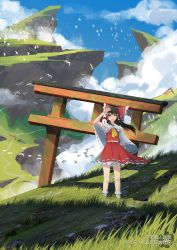 Rule 34 | 1girl, :d, absurdres, bird, bow, brown eyes, brown hair, cezhan renoude, chinese commentary, cliff, cloud, commentary, copyright notice, day, detached sleeves, floating hair, frilled bow, frilled hair tubes, frills, grass, hair bow, hair tubes, hakurei reimu, hand up, highres, long hair, looking at viewer, mountain, open mouth, outdoors, path, red bow, red skirt, red vest, ribbon-trimmed skirt, ribbon-trimmed sleeves, ribbon trim, road, rock, scenery, skirt, skirt set, sky, smile, socks, solo, standing, teeth, torii, touhou, upper teeth only, vest, white sleeves, white socks, wide shot, wide sleeves