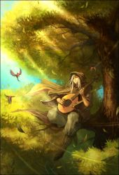 Rule 34 | 1boy, bird, boots, cloak, copyright request, day, closed eyes, floating hair, forest, happy, hood, in tree, instrument, leaf, lute (instrument), male focus, nature, outdoors, pants, silver hair, sitting, sitting in tree, solo, tahra, tree, wide sleeves, wind