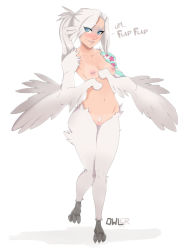 Rule 34 | 1girl, artist name, bikini tan, blue eyes, blush, breasts, claws, cleft of venus, dated, embarrassed, english text, eyebrow piercing, eyes visible through hair, eyeshadow, feathered wings, female pubic hair, full body, fur, harpy, high ponytail, hip bones, howler (owler), labret piercing, lips, long hair, looking at viewer, makeup, md5 mismatch, mole, mole under mouth, monster girl, navel, nipple bar, nipple piercing, nipples, nose blush, nude, original, owler, parted lips, piercing, ponytail, pubic hair, pussy, resized, resolution mismatch, shadow, simple background, small breasts, solo, source smaller, standing, star (symbol), talons, tan, tanline, tattoo, uncensored, upscaled, white background, white hair, winged arms, wings