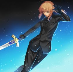 Rule 34 | 1girl, ahoge, artoria pendragon (all), artoria pendragon (fate), bad id, bad twitter id, black gloves, black jacket, black necktie, black pants, blonde hair, excalibur (fate/stay night), fate/zero, fate (series), floating hair, fumi fumi (7837224), gloves, gradient background, green eyes, grey shirt, hair between eyes, highres, holding, holding sword, holding weapon, jacket, long hair, necktie, pants, ponytail, saber (fate), shirt, sidelocks, solo, sword, weapon