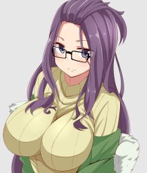 Rule 34 | 1girl, bangs pinned back, black-framed eyewear, blush, breasts, commentary request, dou-t, glasses, highres, impossible clothes, impossible sweater, jacket, kagamihara sakura, large breasts, long hair, long sleeves, looking at viewer, purple eyes, purple hair, ribbed sweater, simple background, solo, sweater, turtleneck, turtleneck sweater, upper body, yurucamp