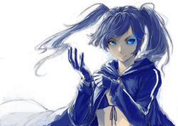 Rule 34 | 10s, 1girl, absurdres, bikini, bikini top only, black hair, black rock shooter, black rock shooter (character), blue eyes, blue theme, coat, female focus, gloves, glowing, glowing eyes, gradient background, highres, scar, solo, swimsuit, twintails, white background, wuliao555