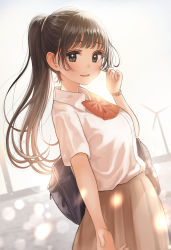Rule 34 | 1girl, backlighting, bag, blurry, blush, bokeh, bow, bowtie, breasts, brown eyes, brown hair, brown skirt, collared shirt, commentary request, cowboy shot, day, depth of field, dutch angle, hand in own hair, kentaurosu, large breasts, lens flare, long hair, looking at viewer, original, overexposure, parted lips, ponytail, red bow, red neckwear, shirt, shoulder bag, skirt, sky, smile, standing, uniform, watch, white shirt, wind turbine, windmill, wristwatch