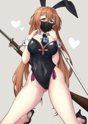 Rule 34 | 1girl, animal ears, bare shoulders, bayonet, black footwear, black leotard, black mask, black necktie, bolt action, breast suppress, breasts, brown hair, cleavage, commentary request, condom, covered navel, detached collar, fake animal ears, girls&#039; frontline, gluteal fold, green eyes, grey background, gun, gun sling, heart, high heels, highres, kneeling, large breasts, leotard, long hair, looking at viewer, m1903 springfield, mask, mouth mask, nakiusagi, necktie, playboy bunny, rabbit ears, rifle, sabotaged condom, safety pin, simple background, solo, springfield (girls&#039; frontline), strapless, strapless leotard, sweatdrop, thighs, very long hair, weapon, weapon on back, white wrist cuffs, wrist cuffs
