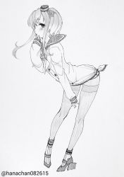 Rule 34 | 10s, 1girl, anchor necklace, artist name, between legs, black pantyhose, blush, from side, full body, greyscale, hanada no kiwami, hand between legs, hand to own mouth, high heels, kantai collection, leaning forward, looking at viewer, lowleg, lowleg pantyhose, mary janes, monochrome, necklace, pantyhose, rudder footwear, school uniform, serafuku, shirt, shoes, short hair with long locks, sketch, sleeves past wrists, solo, tied shirt, tokitsukaze (kancolle), twitter username