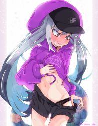 Rule 34 | 1girl, black hat, black panties, blue eyes, blue hair, blush, breasts, clothes lift, clothes pull, cowboy shot, embarrassed, eyeshadow, grey hair, hat, highres, hood, hoodie, kedama (ughugjydthjdf), kemono friends, kemono friends 3, komodo dragon (kemono friends), lace, lace panties, long hair, makeup, multicolored hair, navel, nervous sweating, panties, shorts, small breasts, smile, snake tail, solo, straight hair, sweat, tail, twitter username, two-tone hair, underwear, white background