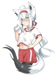 Rule 34 | 1girl, ahoge, animal ear fluff, animal ears, blush, bottle, braid, commentary request, earrings, fox ears, fox girl, fox tail, green eyes, hair between eyes, hairband, hand on own hip, highres, holding, holding bottle, hololive, jewelry, long hair, looking at viewer, midriff, navel, open mouth, pentagram, red hairband, red shorts, shirakami fubuki, shirt, short sleeves, shorts, sidelocks, simple background, single braid, solo, sportswear, sweat, tail, tomyoo, virtual youtuber, white background, white hair, white shirt