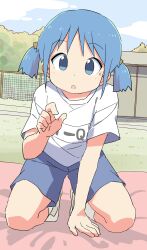 Rule 34 | 1girl, :o, absurdres, blanket, blue eyes, blue hair, blue shorts, clothes writing, cloud, commentary, cube hair ornament, curled fingers, fence, foliage, full body, gym uniform, hair ornament, hand on ground, hand up, highres, kneeling, looking at viewer, naganohara mio, nichijou, open mouth, outdoors, reaching, reaching towards viewer, roku no hito, shed, shirt, shoes, short hair, short sleeves, short twintails, shorts, sky, sneakers, socks, solo, sweatdrop, t-shirt, twintails, white footwear, white shirt