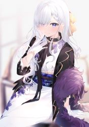 Rule 34 | &gt;:), 1girl, arm support, azur lane, belfast (azur lane), belfast (folded fascination) (azur lane), black jacket, blurry, blurry background, braid, braided bangs, closed mouth, commentary request, depth of field, gloves, hair over one eye, hakuishi aoi, highres, jacket, japanese clothes, kimono, little bel (azur lane), long hair, long sleeves, obi, official alternate costume, open clothes, open jacket, purple eyes, sash, smile, solo, v-shaped eyebrows, white gloves, white hair, white kimono