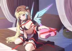 Rule 34 | 1girl, arm between legs, artist request, bed sheet, black bra, black socks, blonde hair, blush, bra, breasts, cleavage, embarrassed, endou lily, feet, female focus, gift, gift wrapping, giving, hair between eyes, handing object, heart, highres, incoming gift, jewelry, kneehighs, legs, long hair, looking at viewer, multicolored hair, navel, necklace, no shoes, non-web source, on bed, open mouth, pillow, red eyes, sedai one, sitting, small breasts, socks, solo, two-tone hair, underwear, virtual youtuber, wrist cuffs