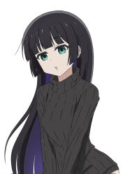 Rule 34 | 1girl, :o, aqua eyes, black hair, black sweater, bocchi the rock!, chin piercing, colored inner hair, ear piercing, highres, hime cut, long hair, multicolored hair, pa-san, piercing, purple hair, ribbed sweater, simple background, solo, sweater, thundradrawings, two-tone hair, upper body, very long hair, white background