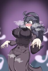 Rule 34 | 1girl, @ @, ahoge, aniki2041, blush, breast expansion, breasts, covered navel, creatures (company), dress, female focus, game freak, hairband, hex maniac (pokemon), highres, lactation, lactation through clothes, large breasts, matching hair/eyes, nintendo, pokemon, pokemon xy, purple eyes, purple hair, solo, steam