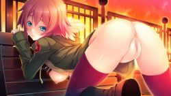 Rule 34 | 1girl, anus, ass, bench, bent over, blue eyes, blush, breasts, censored, clothes lift, evening, from behind, game cg, innocent bullet, large breasts, looking back, nipples, no bra, no panties, oosaki shin&#039;ya, pussy, red hair, shirt lift, short hair