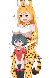 Rule 34 | 2girls, absurdres, age difference, aged up, alternate breast size, alternate hair length, alternate hairstyle, animal ears, animal print, bare arms, bare shoulders, behind another, black eyes, black gloves, black hair, black pantyhose, blonde hair, blush, bow, bowtie, breast rest, breasts, breasts on head, chis (js60216), collarbone, elbow gloves, fang, furrowed brow, gloves, grey shorts, heart, height difference, high-waist skirt, highres, kaban (kemono friends), kemono friends, large breasts, long hair, miniskirt, multiple girls, onee-loli, open mouth, pantyhose, pantyhose under shorts, parted lips, print bow, print bowtie, print gloves, print skirt, print thighhighs, red shirt, scared, serval (kemono friends), serval print, shirt, short hair, short sleeves, shorts, simple background, skirt, smile, standing, sweat, tail, thighhighs, turn pale, v arms, very long hair, wavy mouth, white background, yellow eyes, yuri, zettai ryouiki