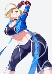 Rule 34 | 1girl, abs, blonde hair, blue eyes, breasts, cammy white, crop top, fingerless gloves, gloves, highres, jacket, large breasts, long sleeves, pants, short hair, sports bra, street fighter, street fighter 6, stretching, yagi2013
