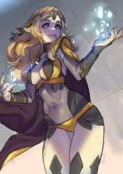 Rule 34 | 1girl, absurdres, blonde hair, blue eyes, breasts, cape, cleavage, closed mouth, covered navel, dog hate burger, fire emblem, fire emblem fates, fire emblem heroes, highres, indoors, long hair, looking to the side, magic, nintendo, ophelia (fire emblem), simple background, smile, solo, standing